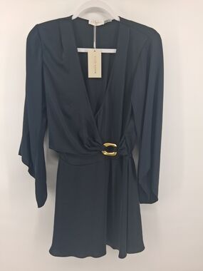 Ramy Brook Black Wrap Mini Dress with Gold Buckle Detail